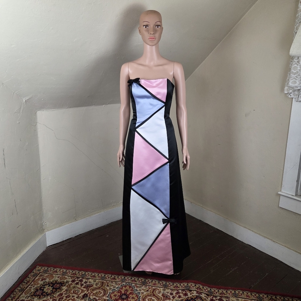 Jessica McClintock for Gunne Sax Strapless Colorblock Satin Gown Dress 5/6 USA